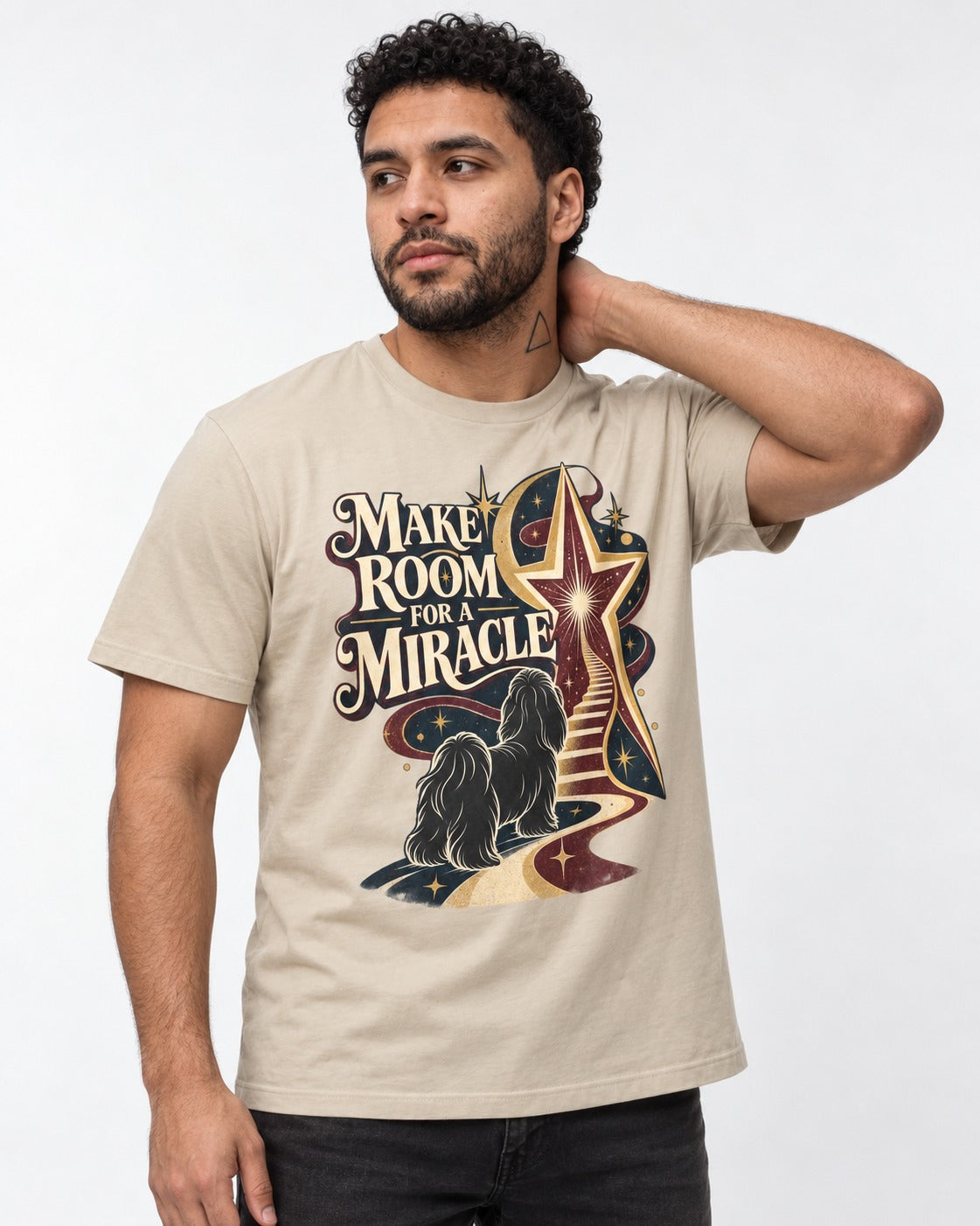 Room for a Shih Tzu Miracle T-Shirt in Sand, worn by a model