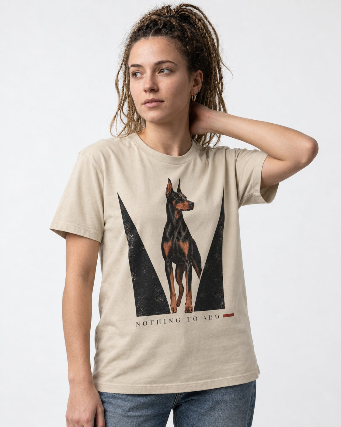 Doberman Nothing to Add T-Shirt in Sand, worn by a model