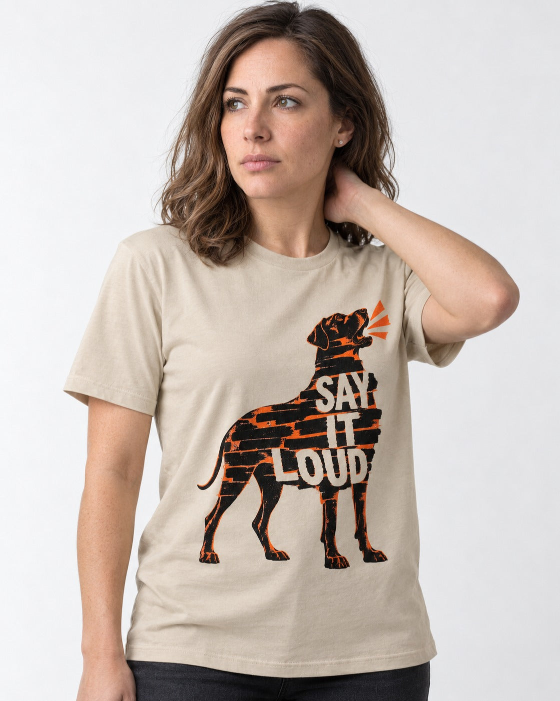 Great Dane Say It Loud T-Shirt in Sand, worn by a model