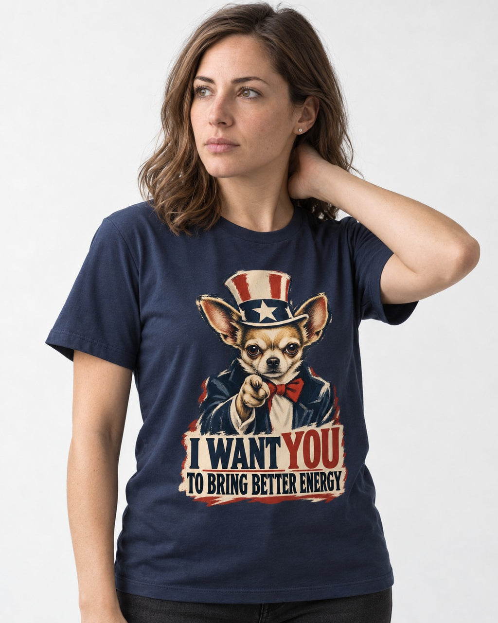 Chihuahua I Want You to Bring Better Energy Uncle Sam Graphic T-Shirt in Navy, worn by a model