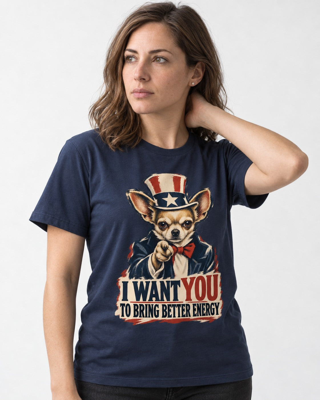 Chihuahua I Want You to Bring Better Energy Uncle Sam Graphic T-Shirt in Navy, worn by a model
