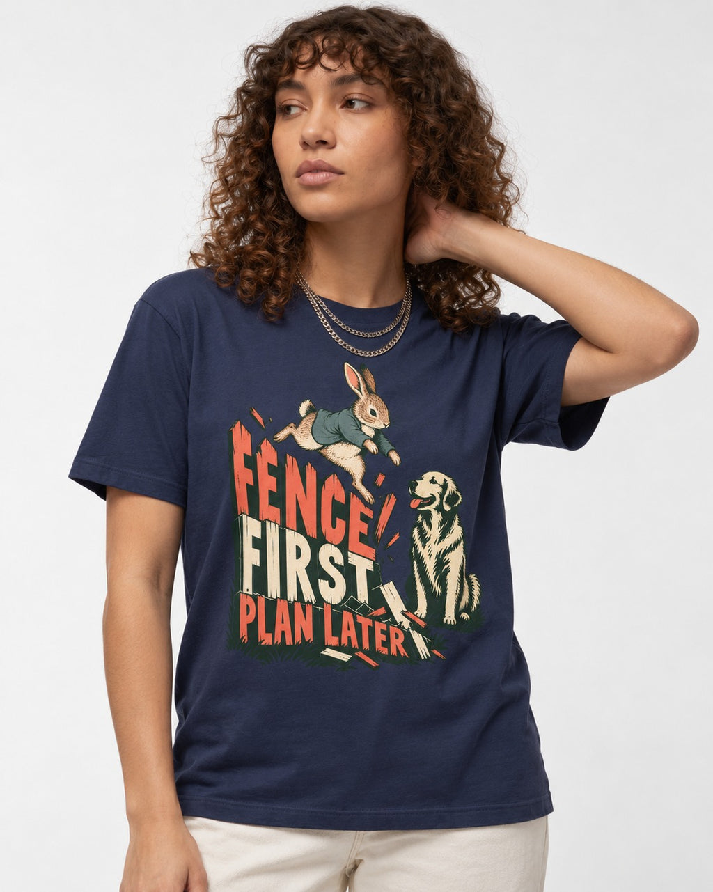Golden Retriever Fence First Plan Later Rabbit Jump Graphic T-Shirt in Navy, worn by a model