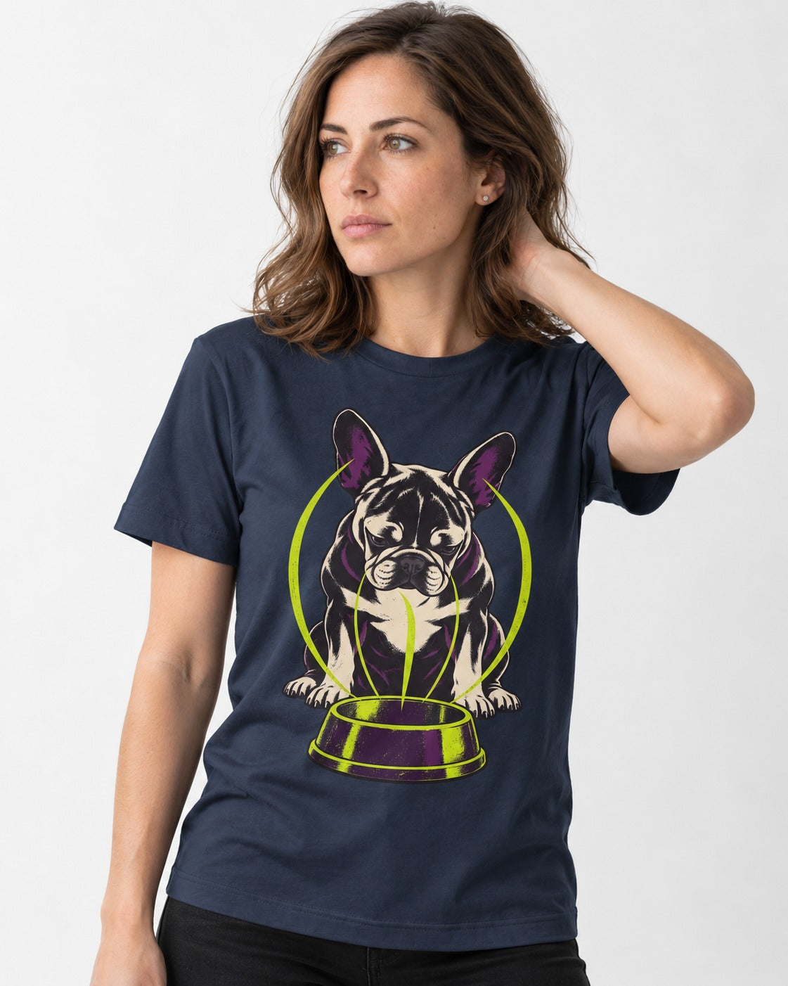 Frenchie Bowl Gravity Graphic T-Shirt in Navy, worn by a model