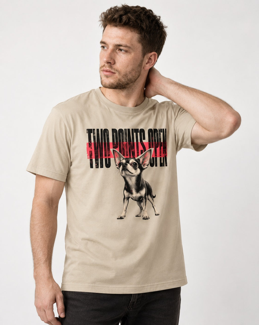 Two Points Open Chihuahua T-Shirt in Sand, worn by a model