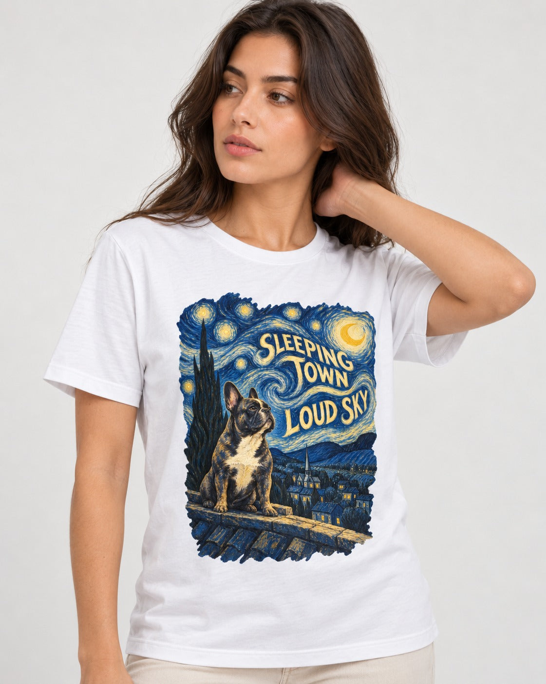 Frenchie Sleeping Town Loud Sky Rooftop Graphic T-Shirt in White, worn by a model