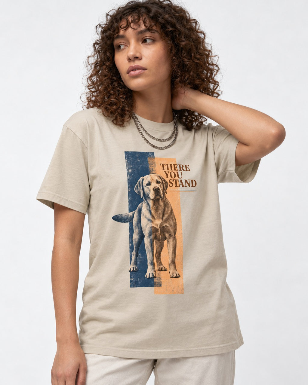 There You Stand Labrador Retriever T-Shirt in Sand, worn by a model