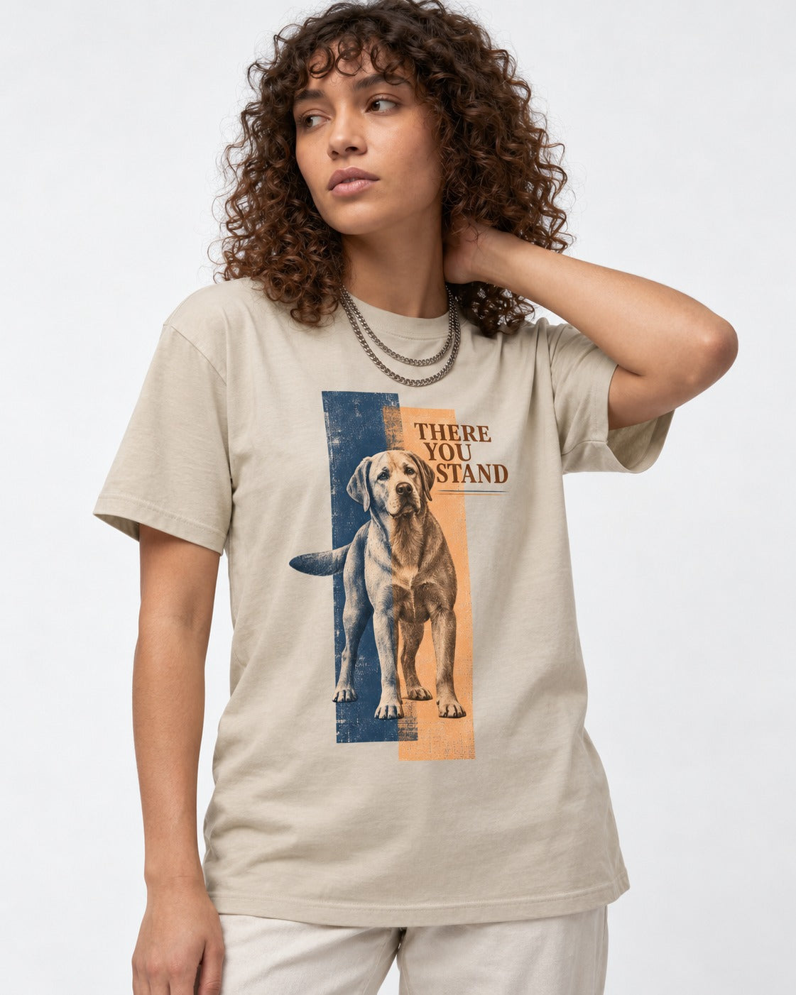 There You Stand Labrador Retriever T-Shirt in Sand, worn by a model