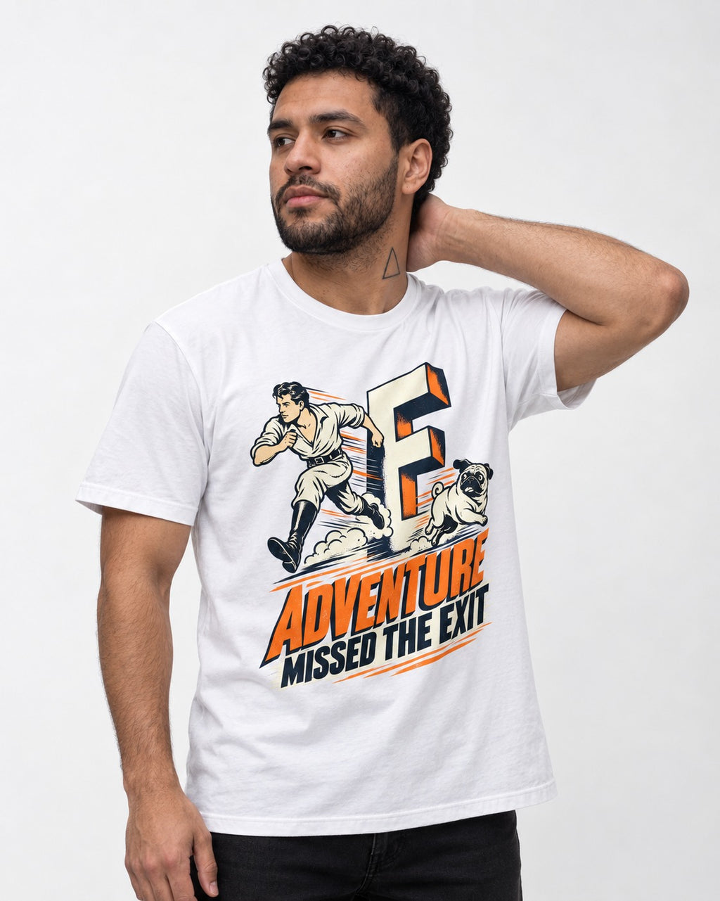 Pug Adventure Missed the Exit Running Graphic T-Shirt in White, worn by a model
