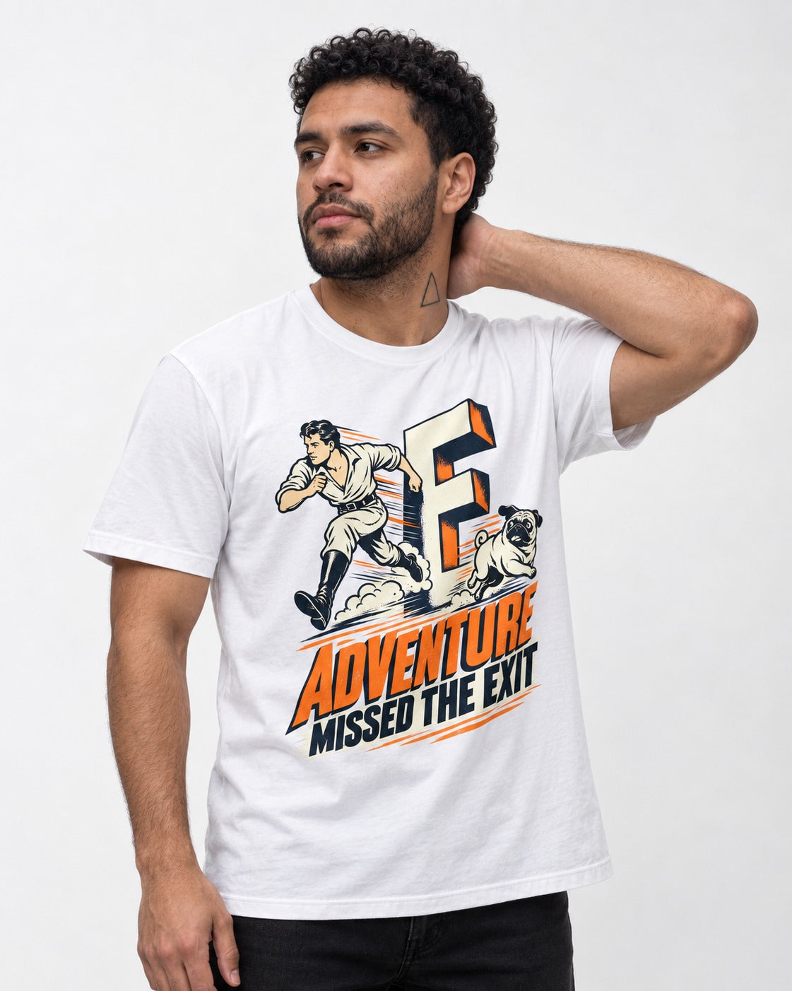 Pug Adventure Missed the Exit Running Graphic T-Shirt in White, worn by a model