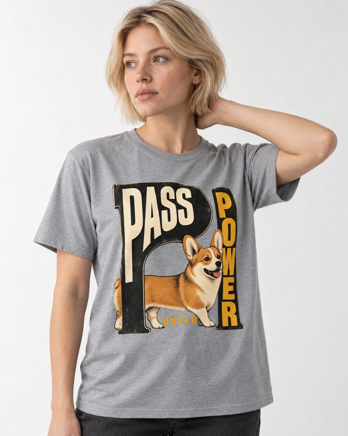 Corgi Power T-Shirt in Sport Grey, worn by a model