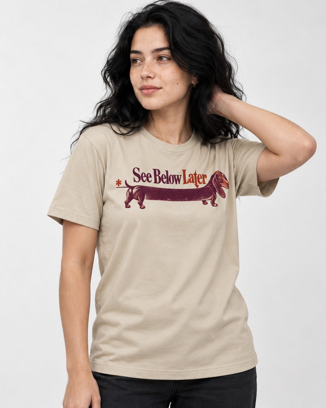 See Below Later Dachshund T-Shirt in Sand, worn by a model
