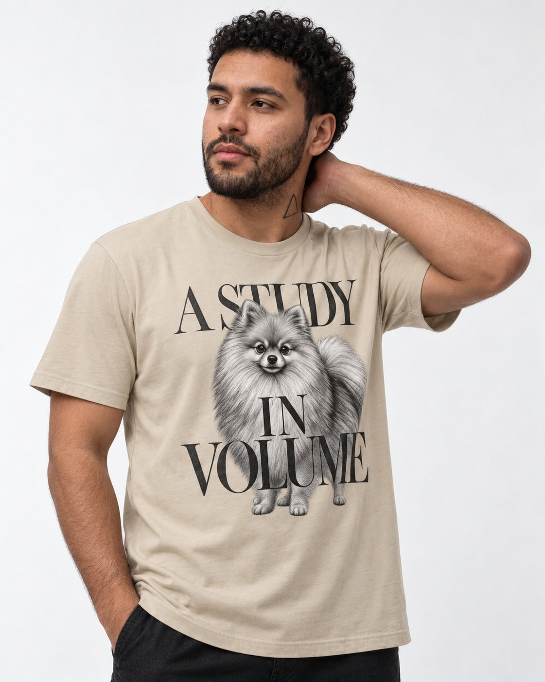 Pomeranian Study in Volume T-Shirt in Sand, worn by a model