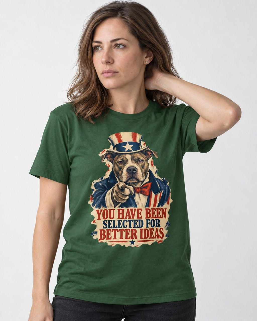 Pitbull You Have Been Selected for Better Ideas Uncle Sam Graphic T-Shirt in Forest Green, worn by a model