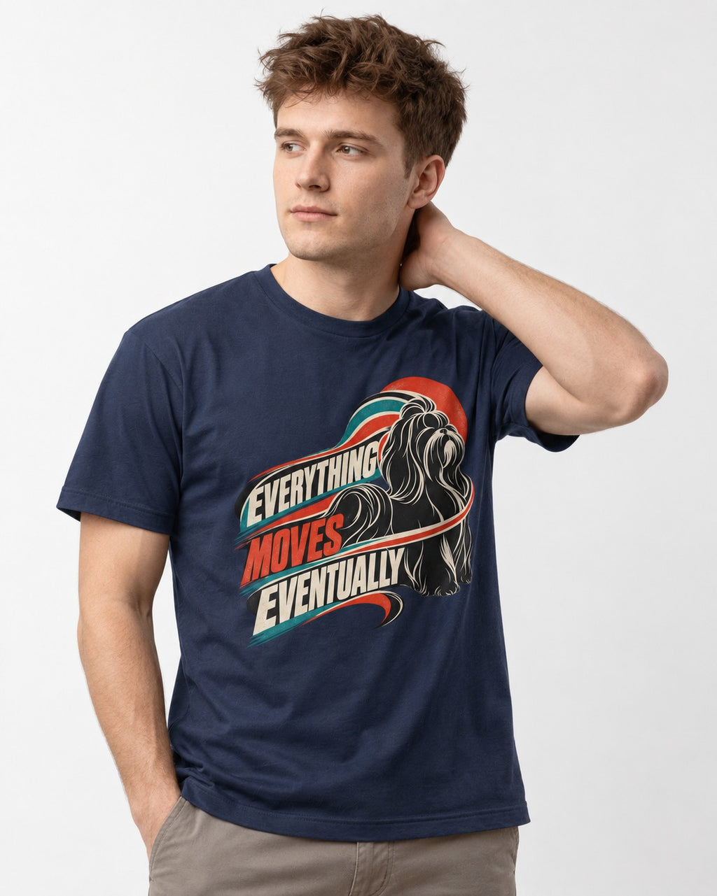 Shih Tzu Everything Moves Eventually Retro Speed Graphic T-Shirt in Navy, worn by a model