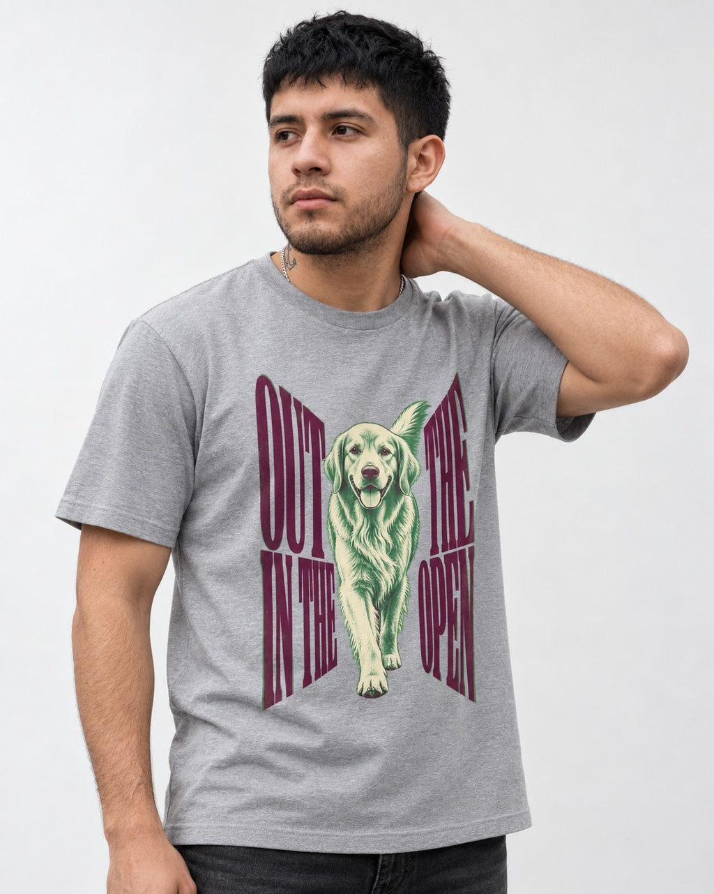 Golden Retriever Out in the Open T-Shirt in Sport Grey, worn by a model