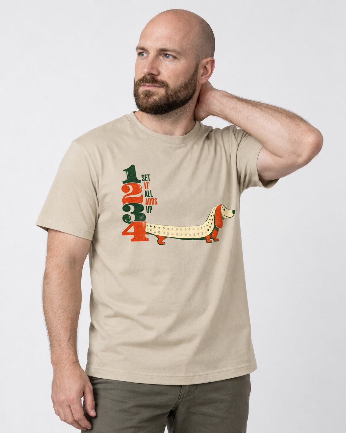 Dachshund Adds Up T-Shirt in Sand, worn by a model