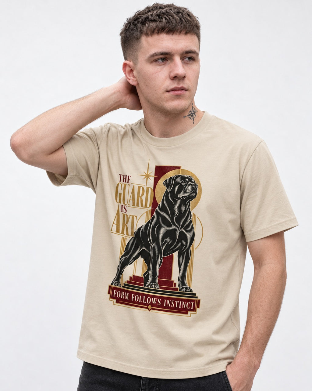 Rottweiler Form Follows Instinct T-Shirt in Sand, worn by a model