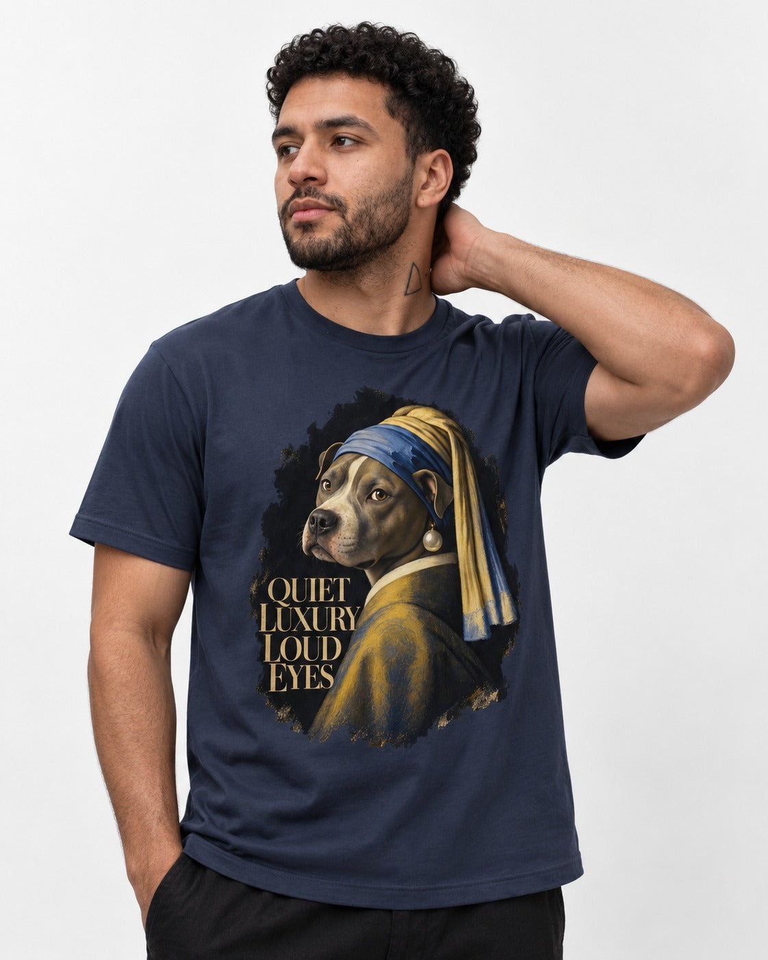 Pitbull Quiet Luxury Loud Eyes Pearl Earring Portrait Graphic T-Shirt in Navy, worn by a model