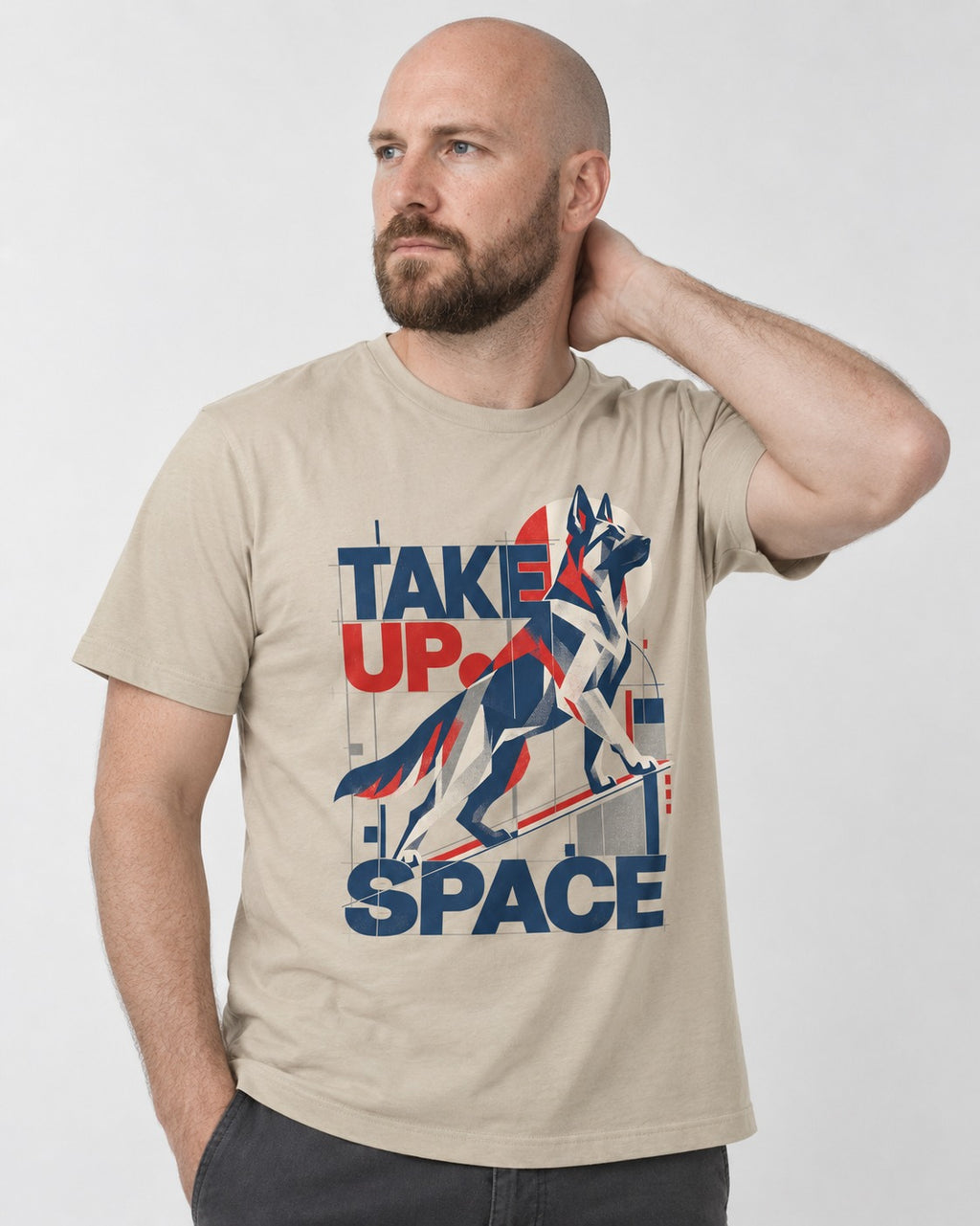 Take Up Space German Shepherd Dog T-Shirt in Sand, worn by a model