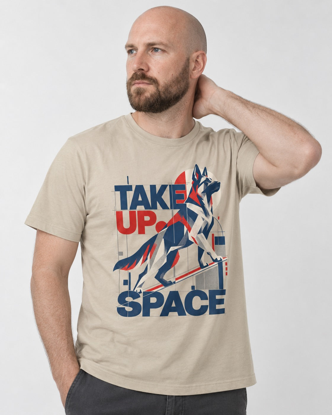 Take Up Space German Shepherd Dog T-Shirt in Sand, worn by a model