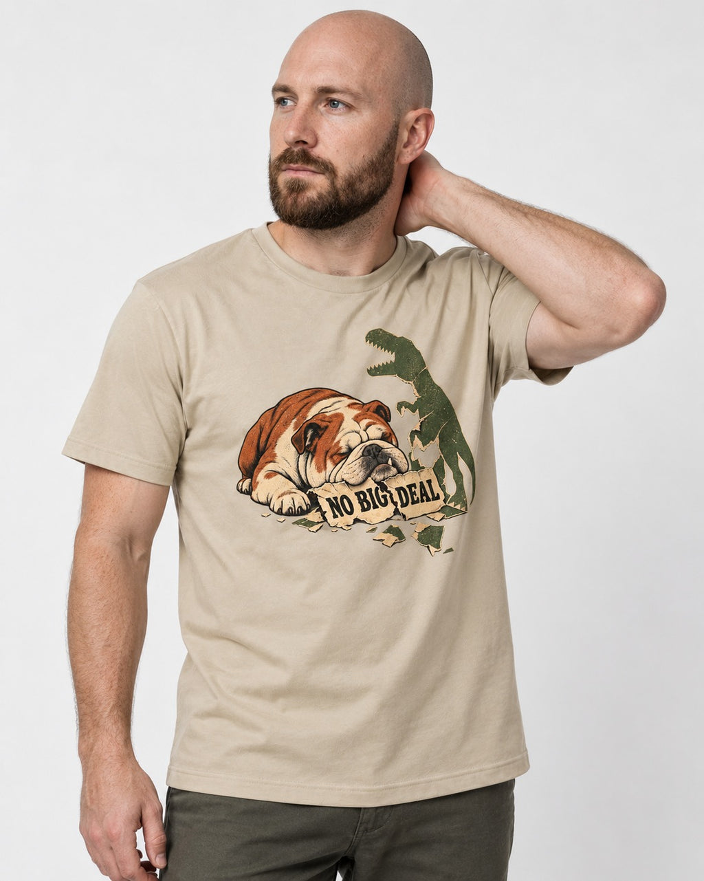 English Bulldog No Big Deal T-Shirt in Sand, worn by a model