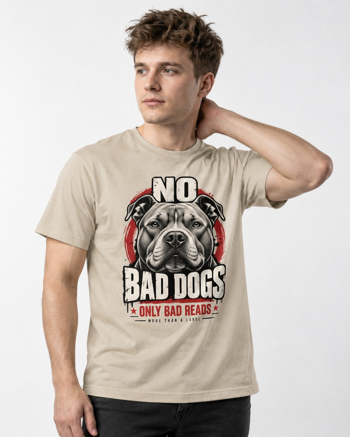 Pitbull Only Bad Reads T-Shirt in Sand, worn by a model