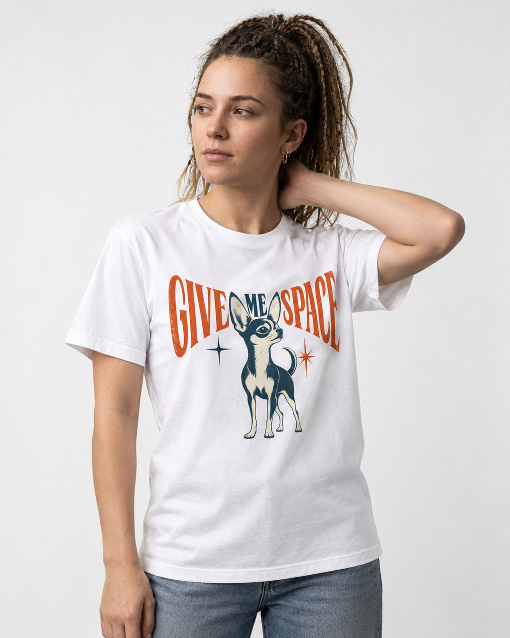 Chihuahua Give Me Space Starburst Graphic T-Shirt in White, worn by a model