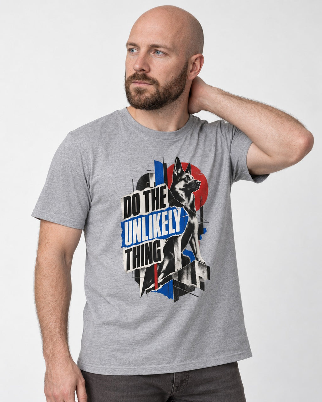 Do The Unlikely Thing Torn Poster German Shepherd Dog Graphic T-Shirt in Sport Grey, worn by a model