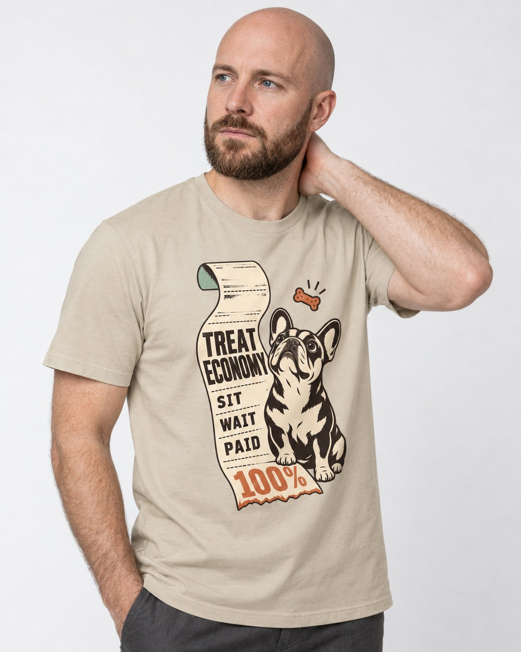 Sit Wait Paid Frenchie T-Shirt in Sand, worn by a model