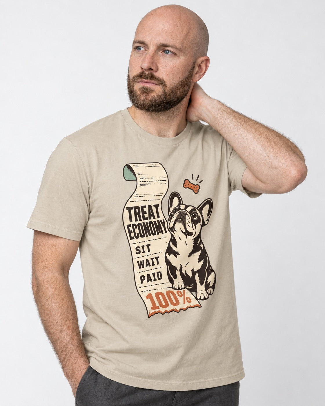 Sit Wait Paid Frenchie T-Shirt in Sand, worn by a model