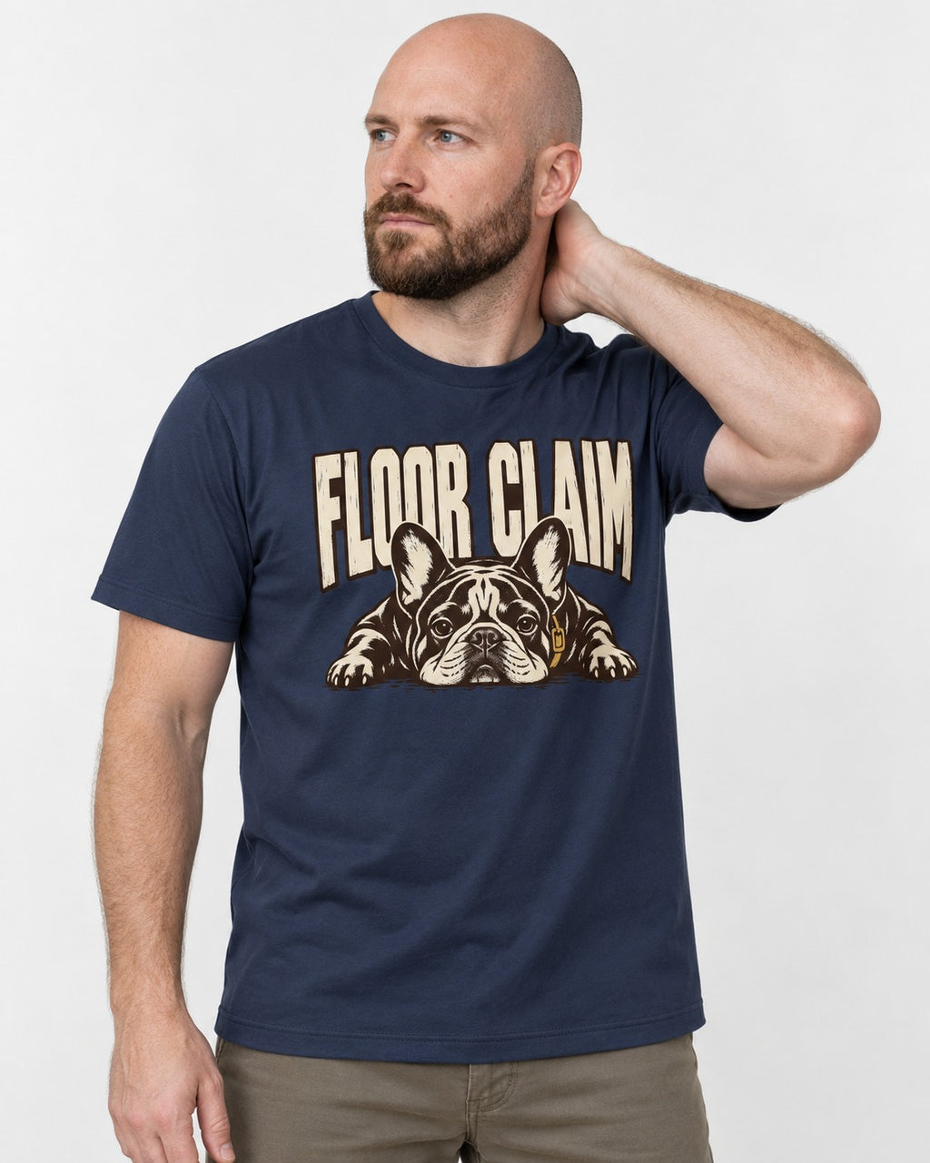 Frenchie Floor Claim Resting Graphic T-Shirt in Navy, worn by a model