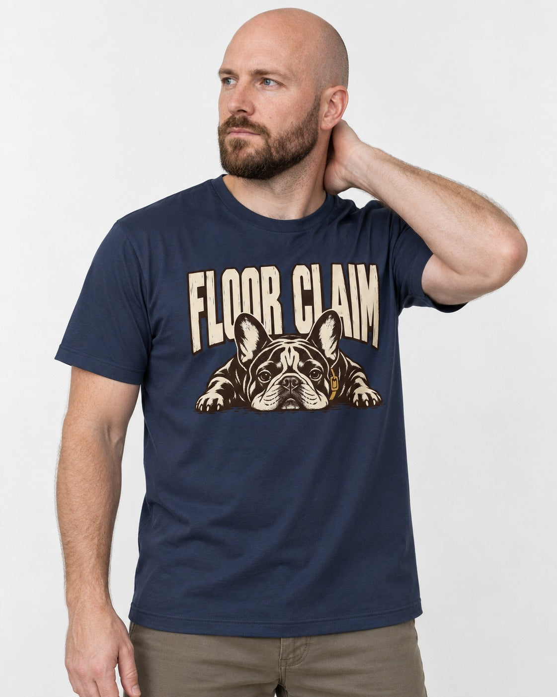 Frenchie Floor Claim Resting Graphic T-Shirt in Navy, worn by a model