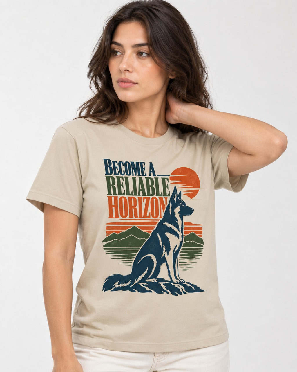 German Shepherd Dog Become a Reliable Horizon T-Shirt in Sand, worn by a model