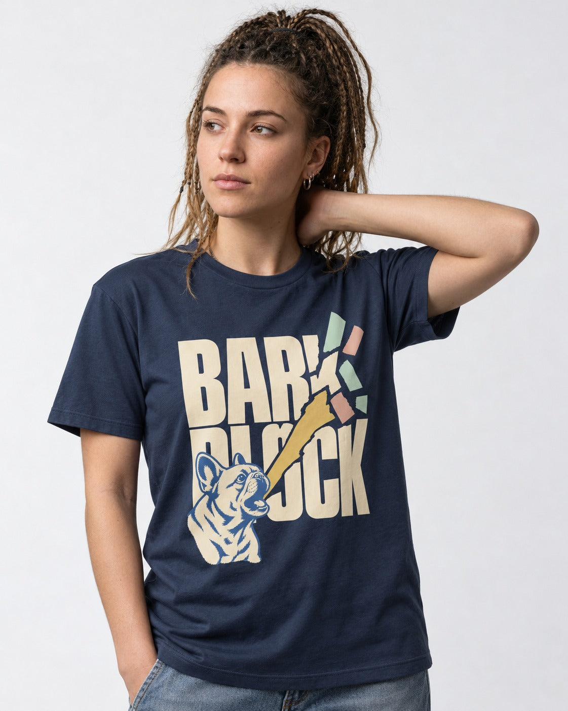 Frenchie Bark Breaks Bark Block Graphic T-Shirt in Navy, worn by a model