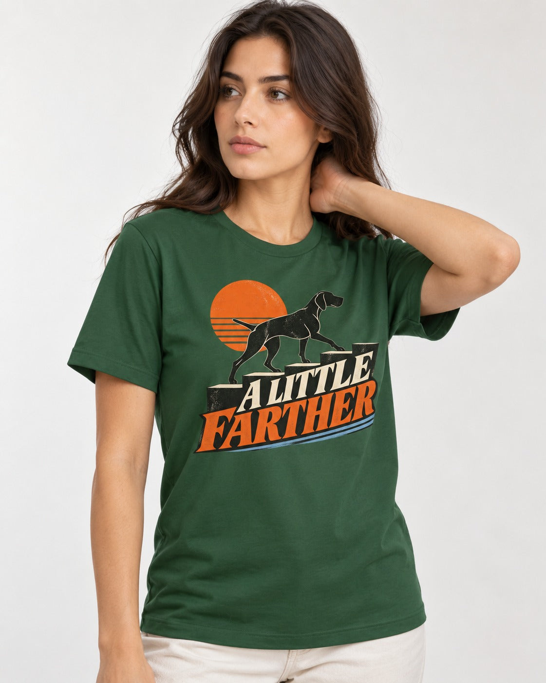 German Shorthaired Pointer A Little Farther Sunset Steps Graphic T-Shirt in Forest Green, worn by a model