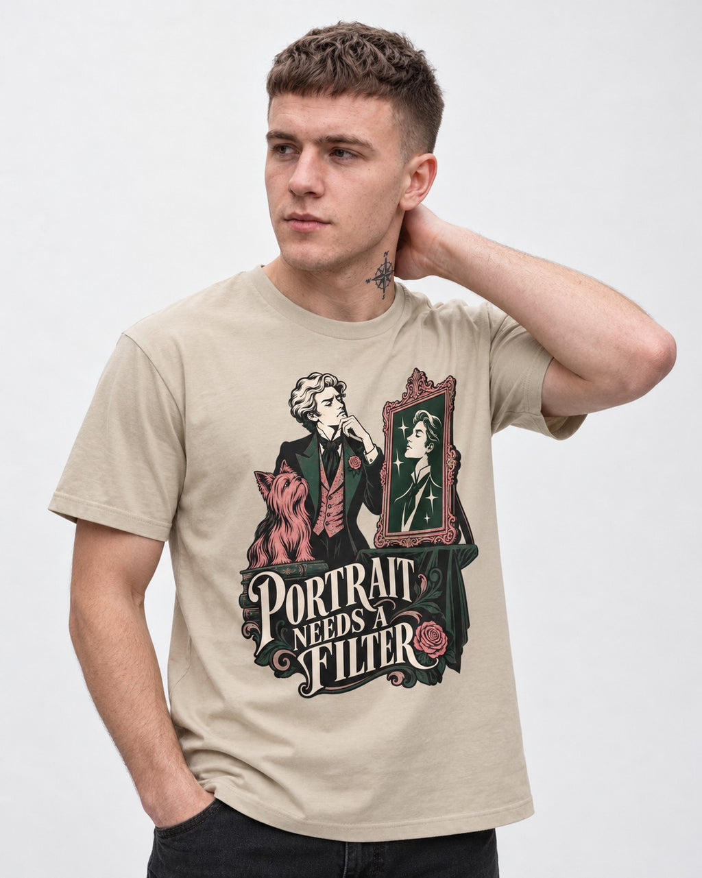 Yorkshire Terrier Needs a Filter T-Shirt in Sand, worn by a model