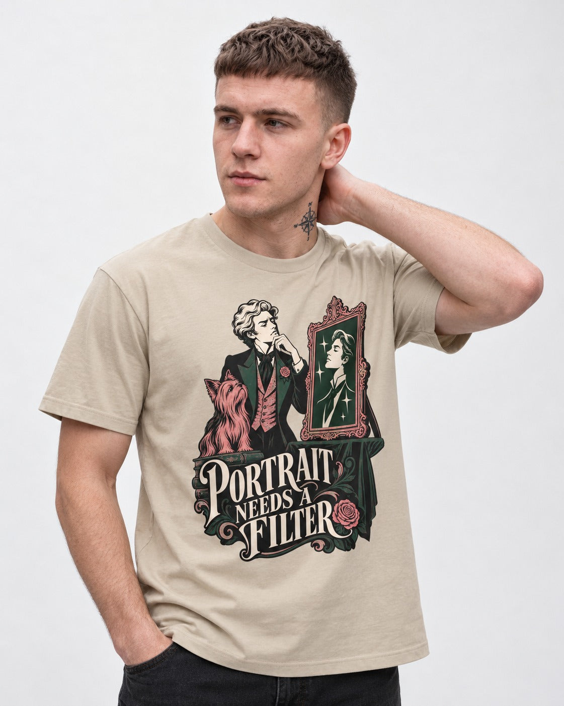 Yorkshire Terrier Needs a Filter T-Shirt in Sand, worn by a model