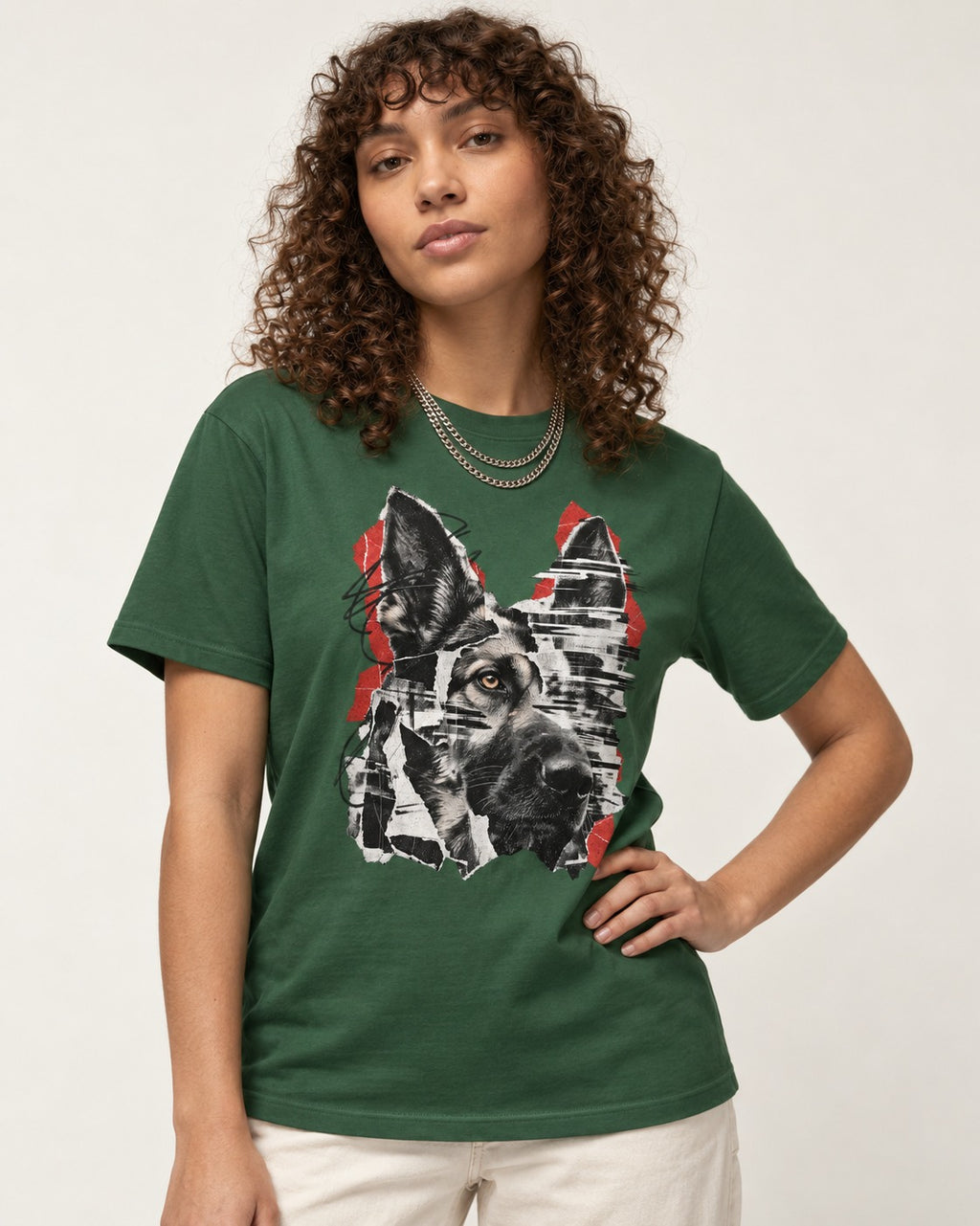Black Signal Torn Collage German Shepherd Dog Portrait Graphic T-Shirt in Forest Green, worn by a model