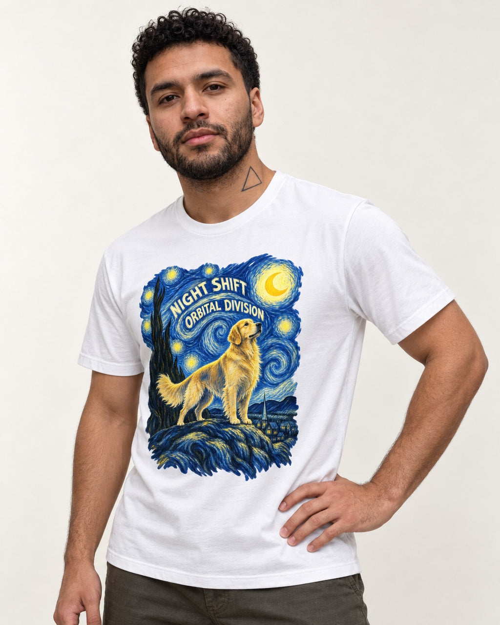 Night Shift Orbital Division Starry Night Golden Retriever Graphic T-Shirt in White, worn by a model
