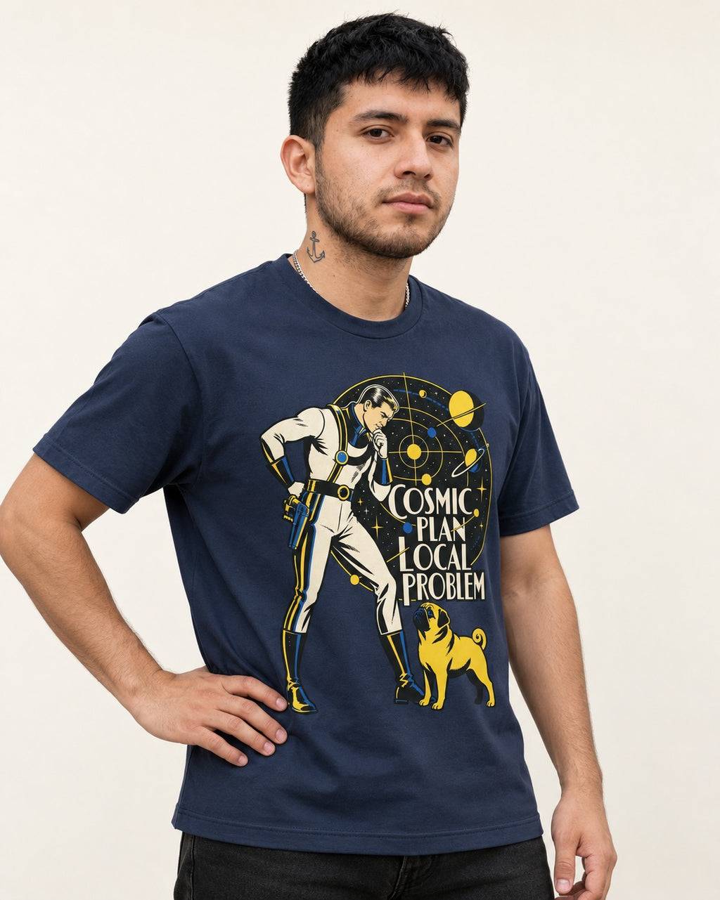 Pug Cosmic Plan Local Problem Astronaut Graphic T-Shirt in Navy, worn by a model