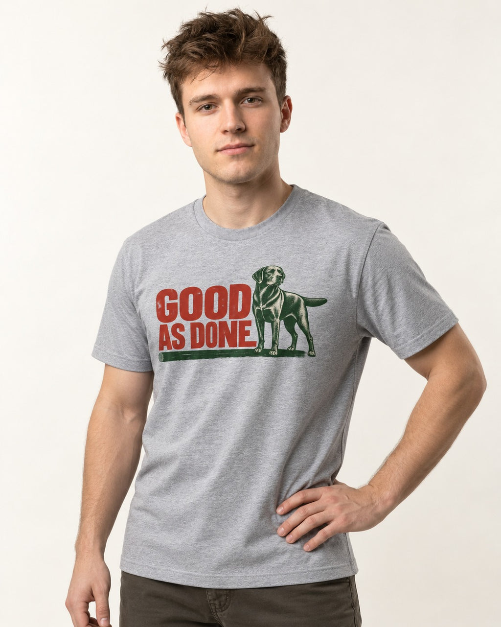 Good as Done Labrador Retriever T-Shirt in Sport Grey, worn by a model