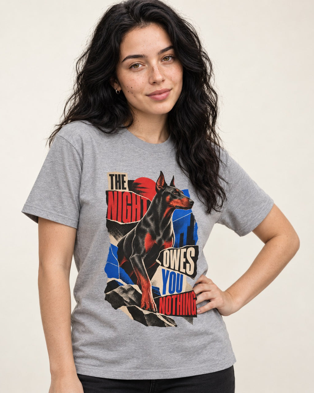 Night Owes You Nothing Doberman T-Shirt in Sport Grey, worn by a model
