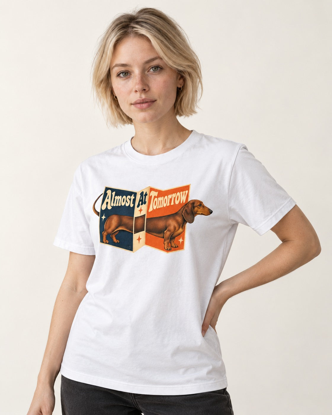 Dachshund Almost At Tomorrow Folding Screen Graphic T-Shirt in White, worn by a model