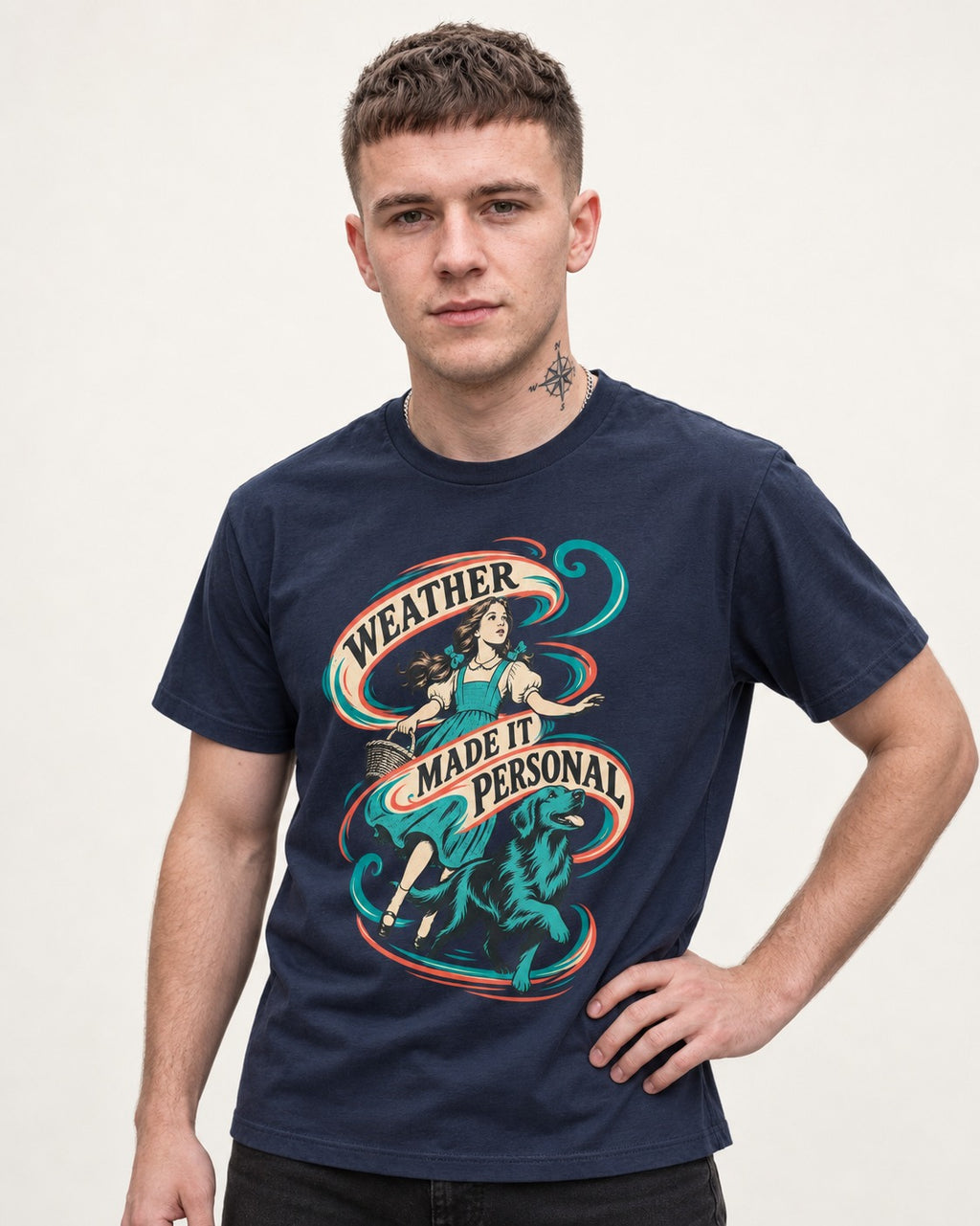 Golden Retriever Weather Made It Personal Woman Graphic T-Shirt in Navy, worn by a model