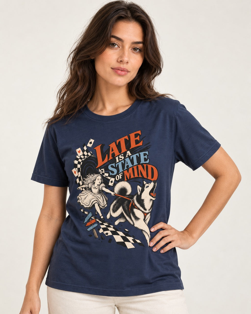 Husky Late Is a State of Mind Wonderland Chase Graphic T-Shirt in Navy, worn by a model