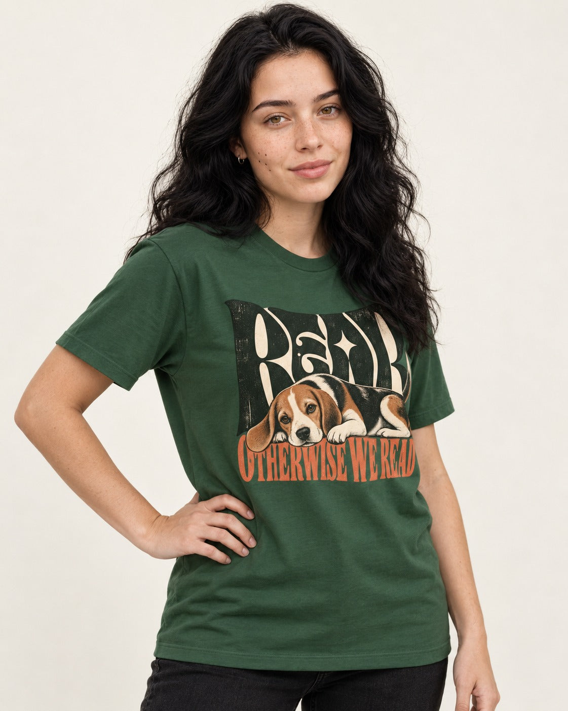 Beagle Read Otherwise We Read Retro Graphic T-Shirt in Forest Green, worn by a model