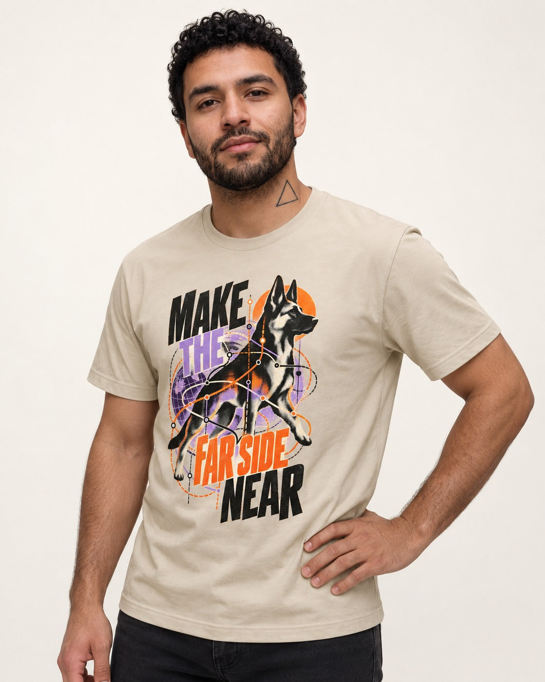 German Shepherd Dog Far Side Near T-Shirt in Sand, worn by a model