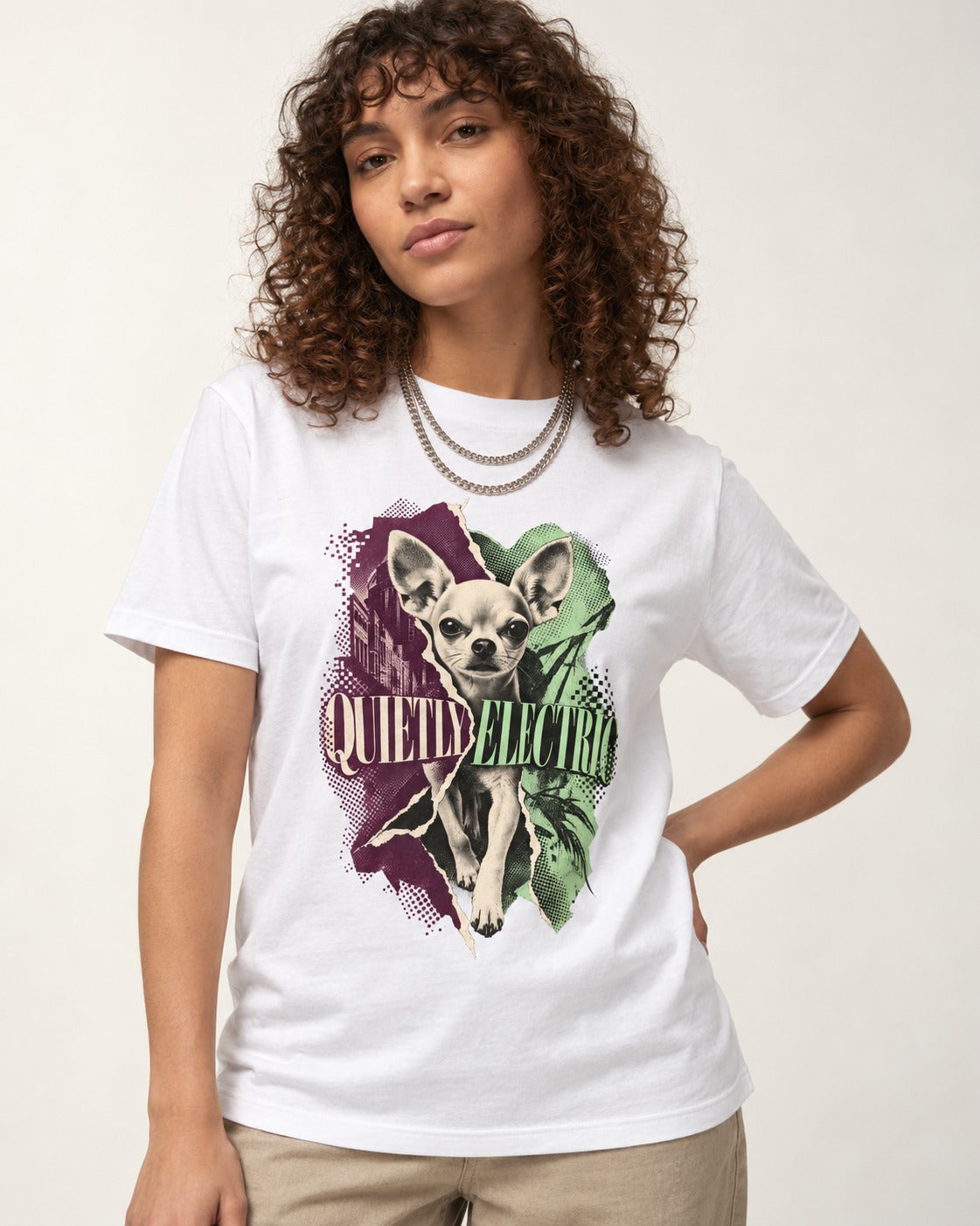 Chihuahua Quietly Electric T-Shirt in White, worn by a model