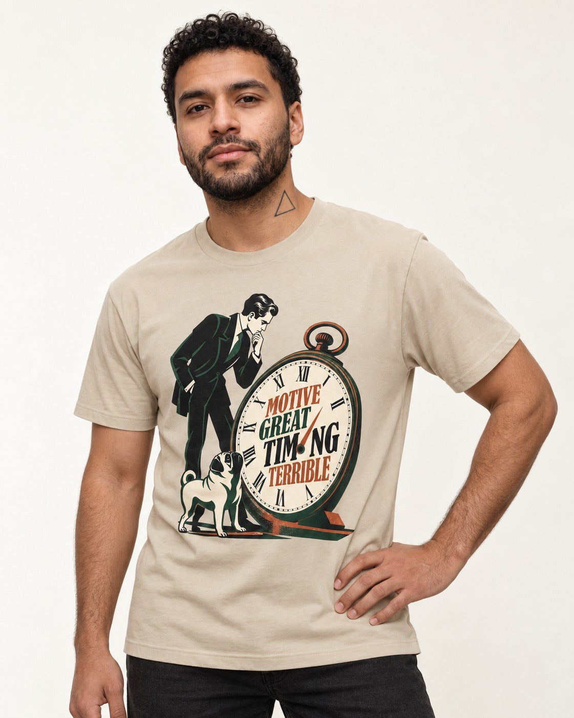 Pug Great Motive Terrible Timing T-Shirt in Sand, worn by a model