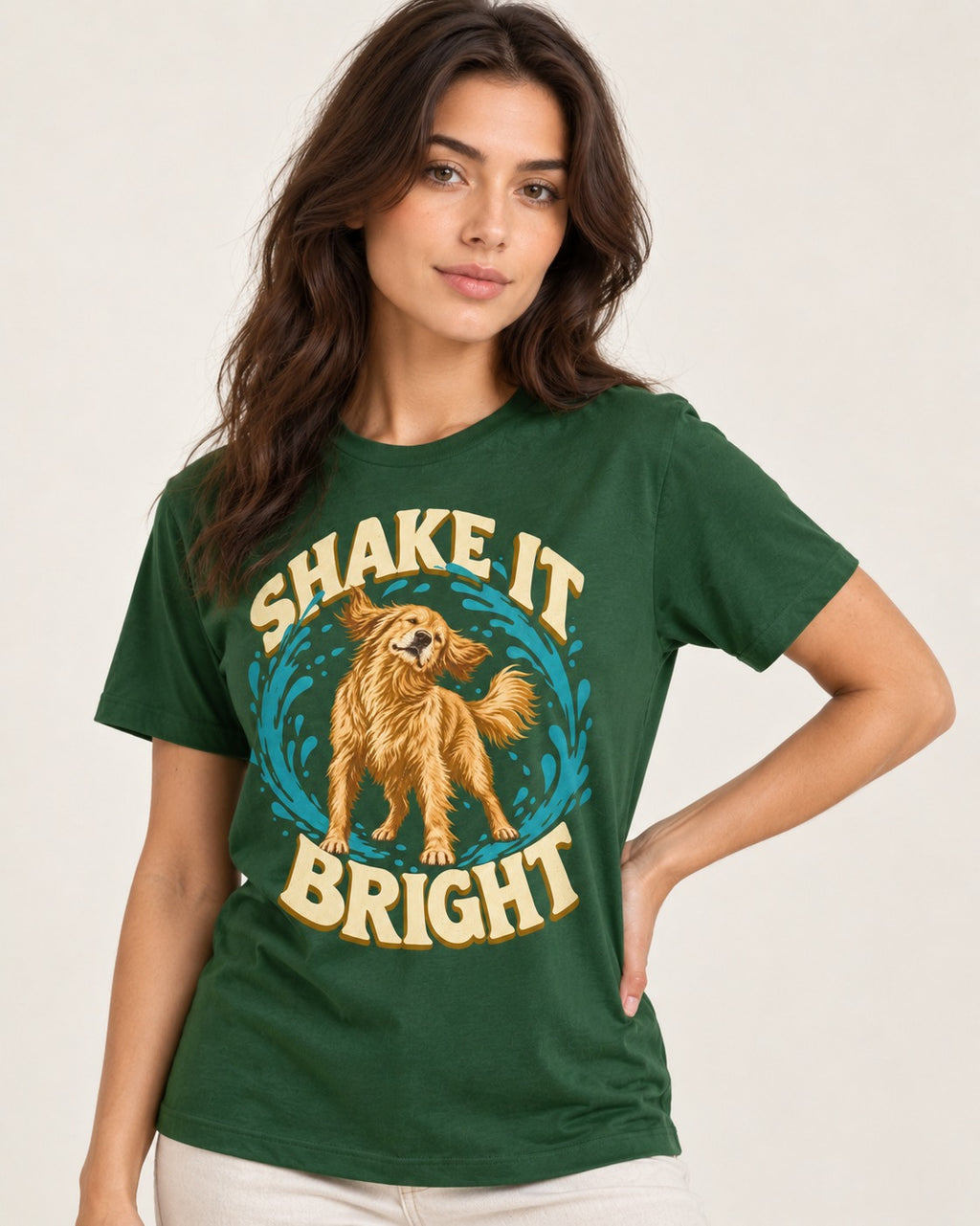 Golden Retriever Shake It Bright Water Ring Graphic T-Shirt in Forest Green, worn by a model
